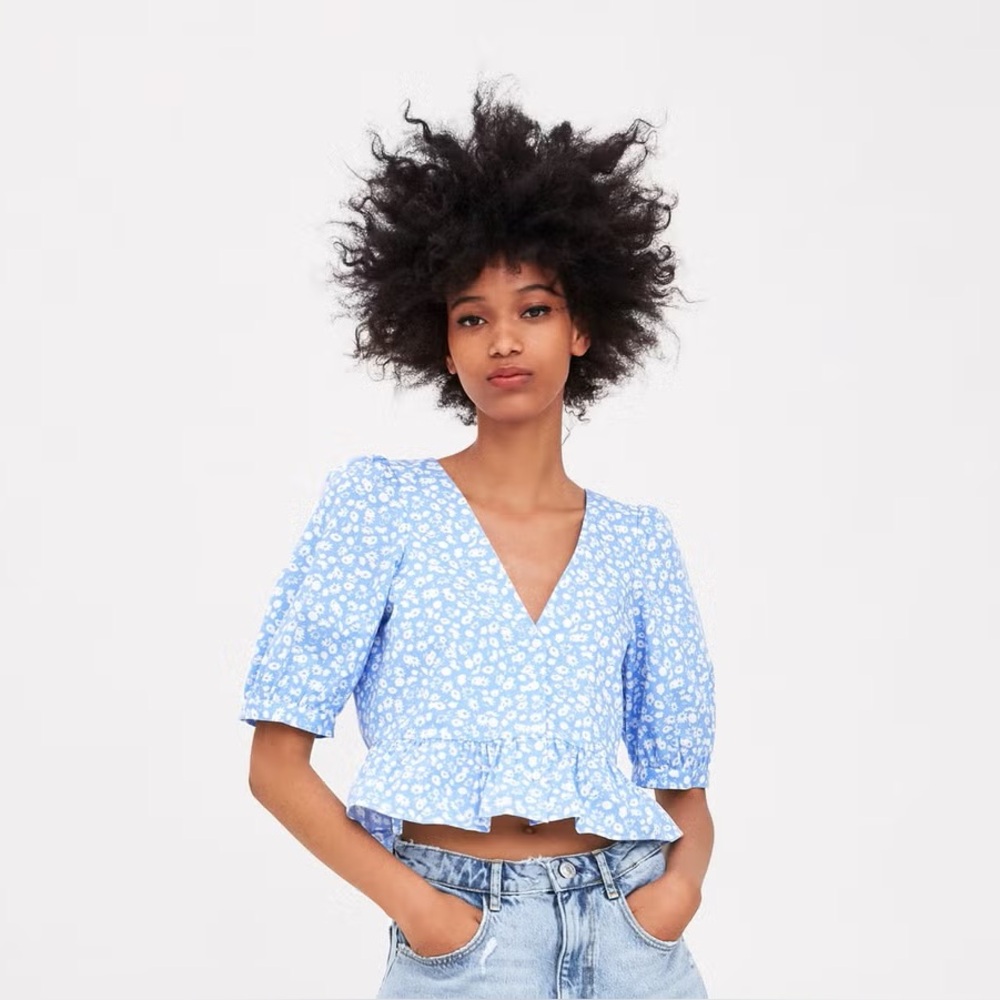 Zara Light Blue Floral Peplum Blouse